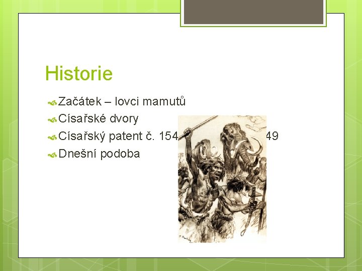 Historie Začátek – lovci mamutů Císařské dvory Císařský patent č. 154 ze 7. března