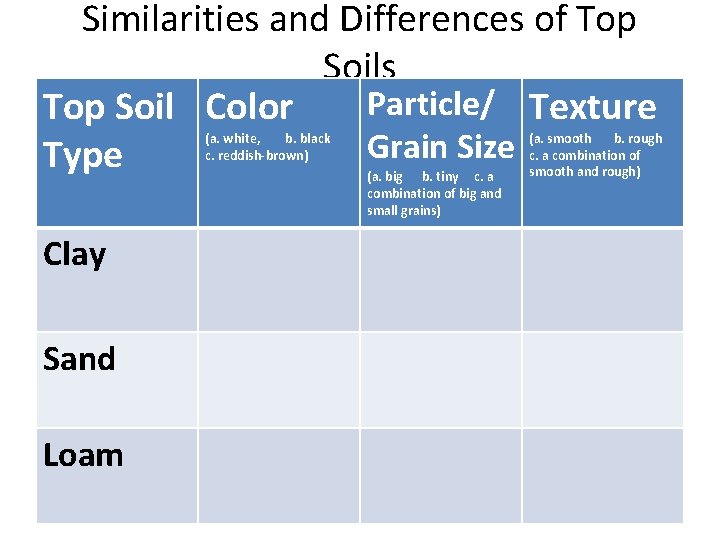 Similarities and Differences of Top Soils Particle/ Texture Top Soil Color Grain Size Type