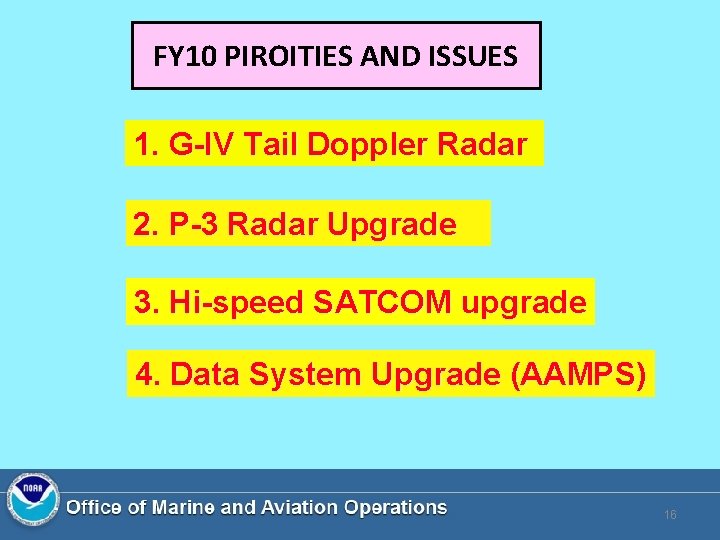 FY 10 PIROITIES AND ISSUES 1. G-IV Tail Doppler Radar 2. P-3 Radar Upgrade FY 10 PIROITIES AND ISSUES 1. G-IV Tail Doppler Radar 2. P-3 Radar Upgrade