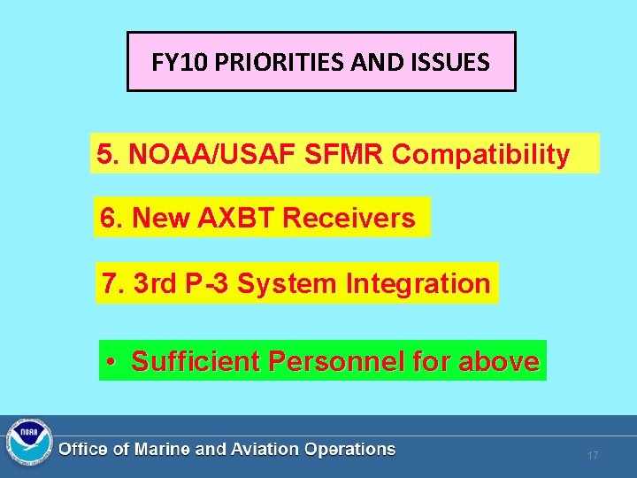 FY 10 PRIORITIES AND ISSUES 5. NOAA/USAF SFMR Compatibility 6. New AXBT Receivers 7.