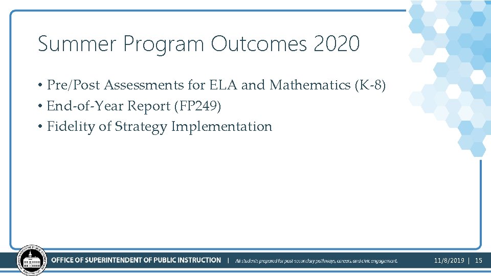 Summer Program Outcomes 2020 • Pre/Post Assessments for ELA and Mathematics (K-8) • End-of-Year