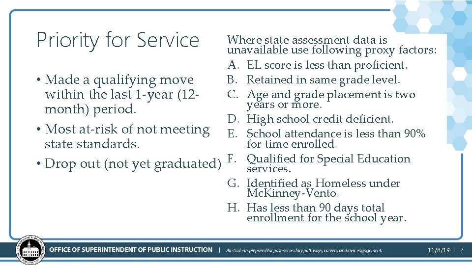 Priority for Service Where state assessment data is unavailable use following proxy factors: A.