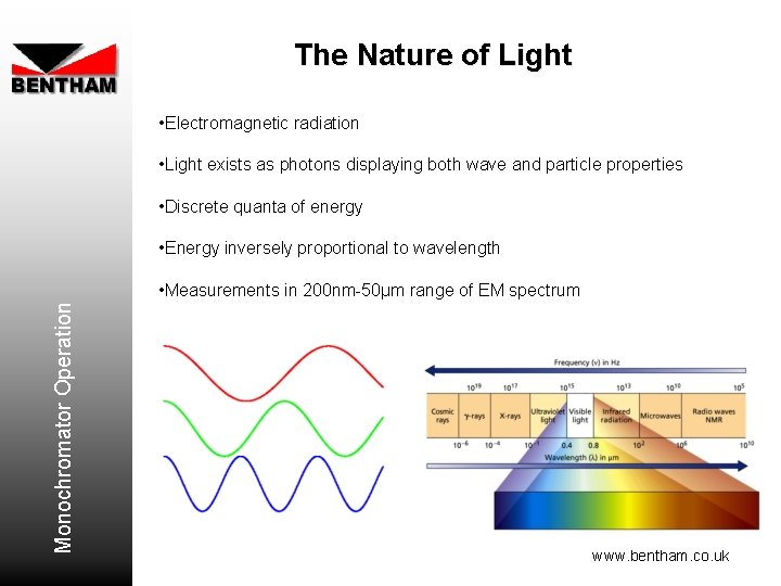 The Nature of Light • Electromagnetic radiation • Light exists as photons displaying both