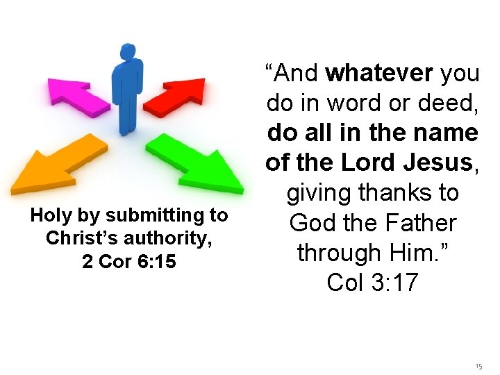 Holy by submitting to Christ’s authority, 2 Cor 6: 15 “And whatever you do