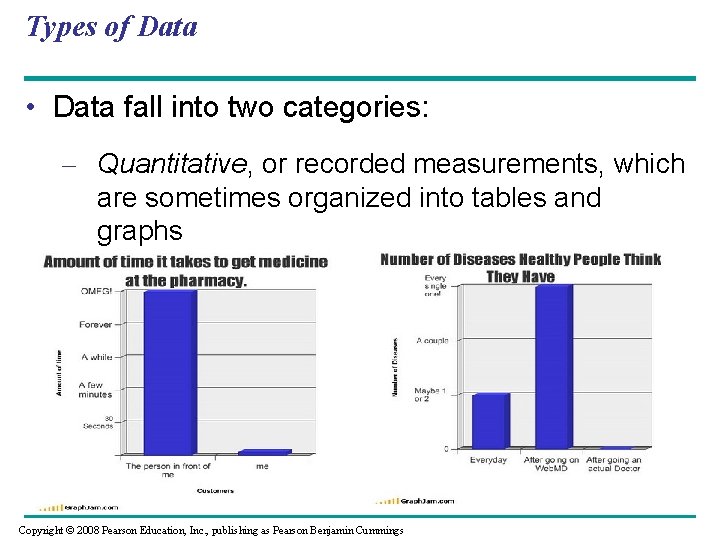 Types of Data • Data fall into two categories: – Quantitative, or recorded measurements,