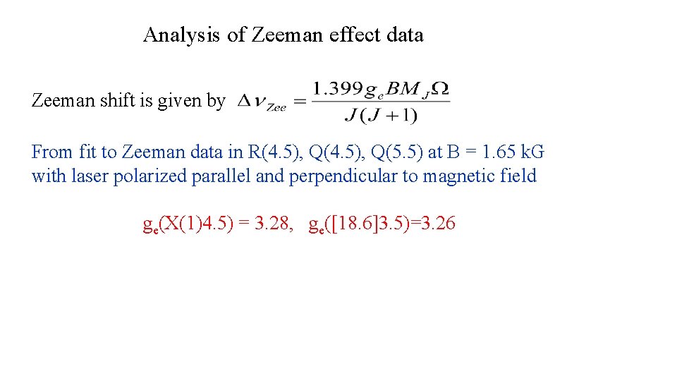 Analysis of Zeeman effect data Zeeman shift is given by From fit to Zeeman