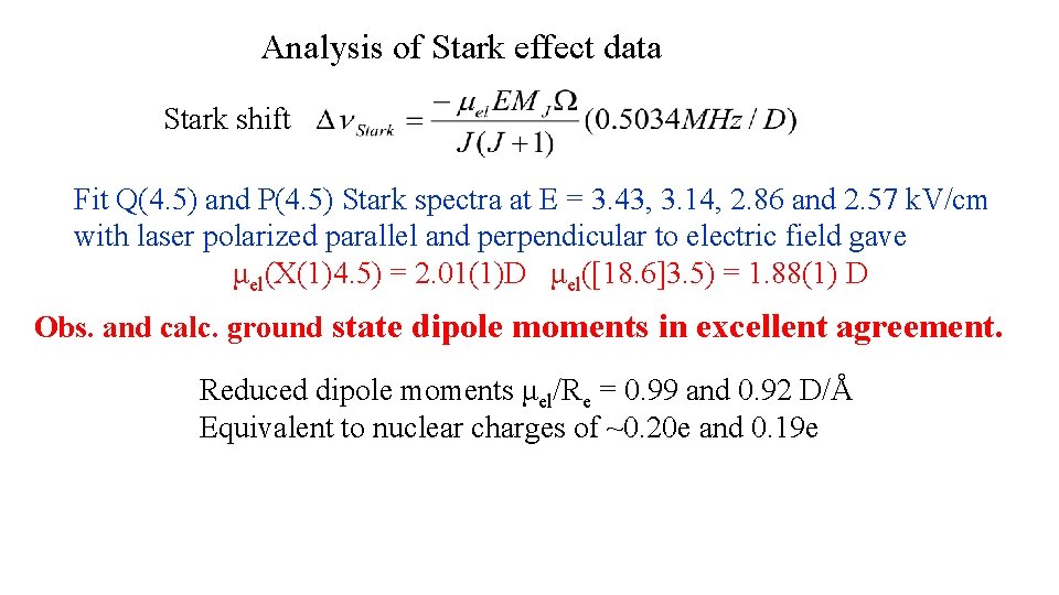 Analysis of Stark effect data Stark shift Fit Q(4. 5) and P(4. 5) Stark