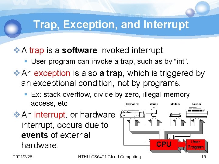 Trap, Exception, and Interrupt v A trap is a software-invoked interrupt. § User program Trap, Exception, and Interrupt v A trap is a software-invoked interrupt. § User program