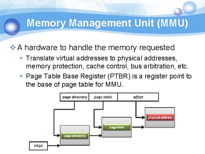 Memory Management Unit (MMU) v A hardware to handle the memory requested § Translate Memory Management Unit (MMU) v A hardware to handle the memory requested § Translate