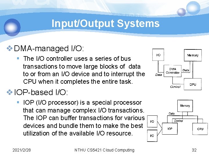 Input/Output Systems v DMA-managed I/O: § The I/O controller uses a series of bus Input/Output Systems v DMA-managed I/O: § The I/O controller uses a series of bus