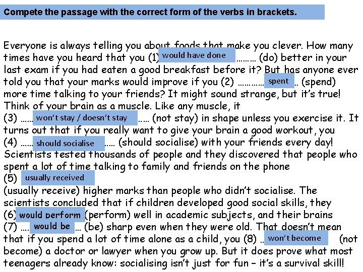 Compete the passage with the correct form of the verbs in brackets. Everyone is