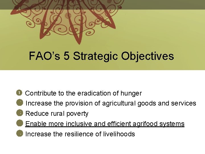 FAO’s 5 Strategic Objectives Contribute to the eradication of hunger Increase the provision of