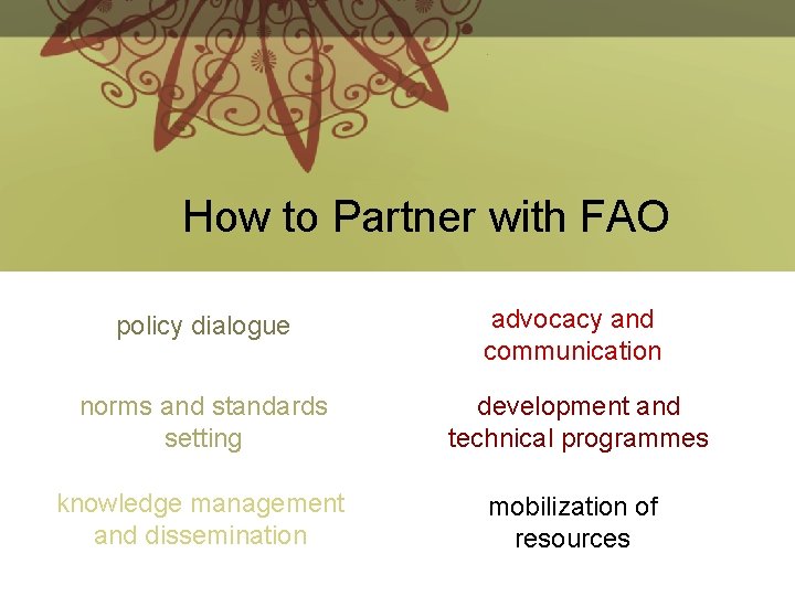 How to Partner with FAO policy dialogue advocacy and communication norms and standards setting