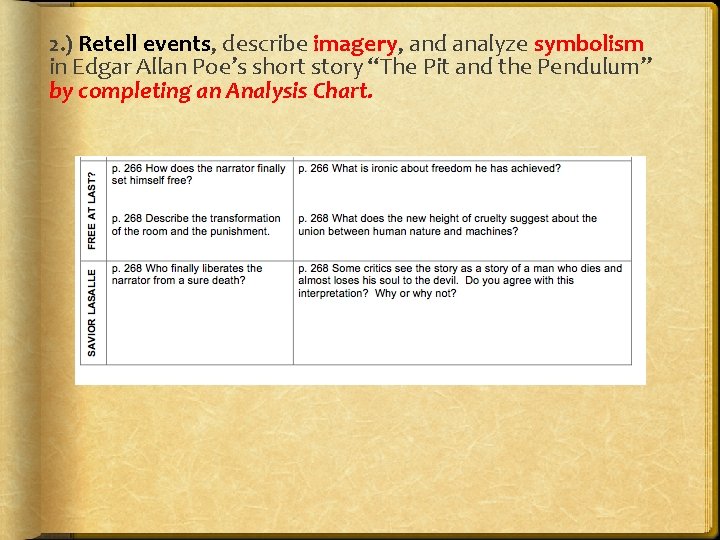 2. ) Retell events, describe imagery, and analyze symbolism in Edgar Allan Poe’s short