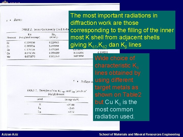 The most important radiations in diffraction work are those corresponding to the filling of