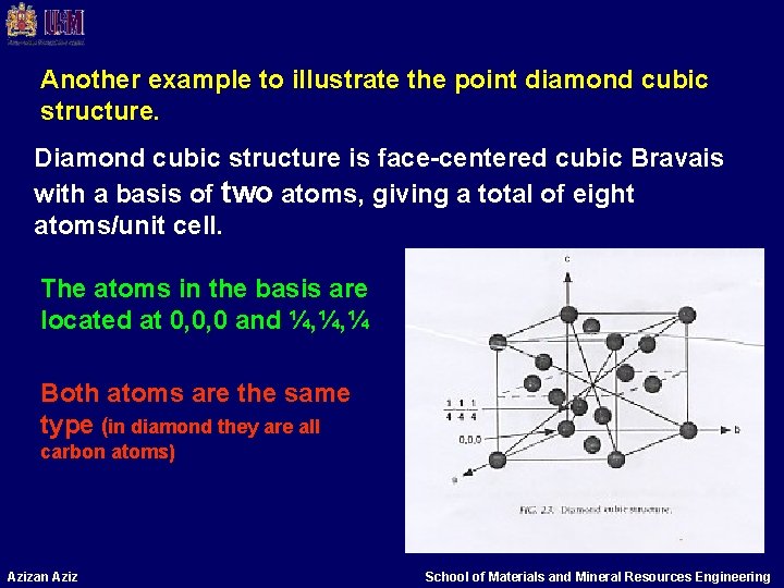 Another example to illustrate the point diamond cubic structure. Diamond cubic structure is face-centered Another example to illustrate the point diamond cubic structure. Diamond cubic structure is face-centered