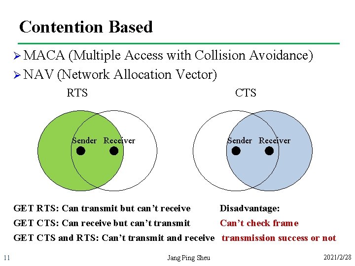 Contention Based Ø MACA (Multiple Access with Collision Avoidance) Ø NAV (Network Allocation Vector)