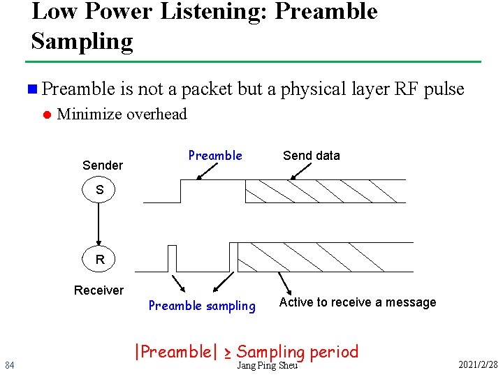 Low Power Listening: Preamble Sampling n Preamble l is not a packet but a