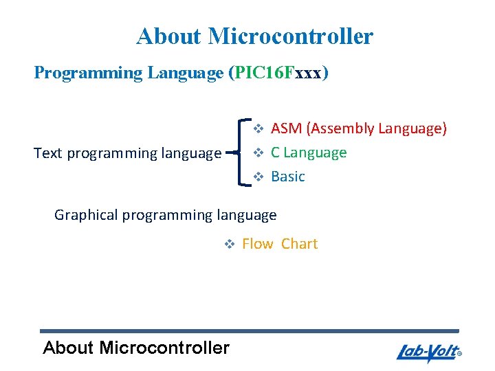 About Microcontroller Programming Language (PIC 16 Fxxx) v Text programming language v v ASM