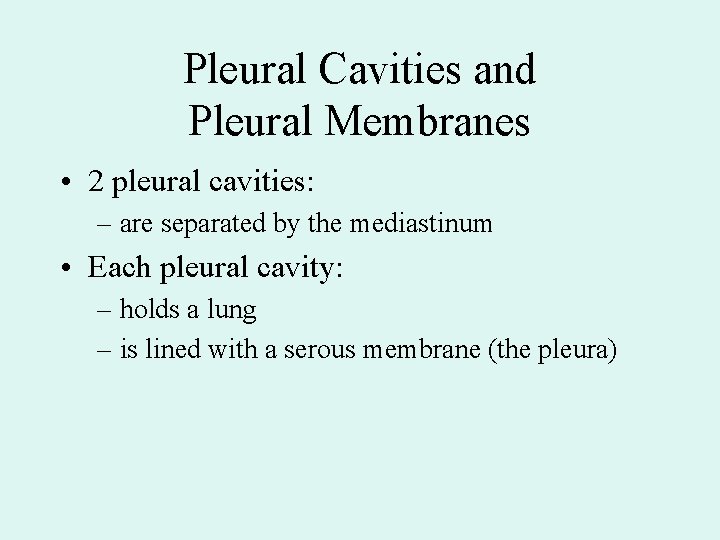 Pleural Cavities and Pleural Membranes • 2 pleural cavities: – are separated by the Pleural Cavities and Pleural Membranes • 2 pleural cavities: – are separated by the