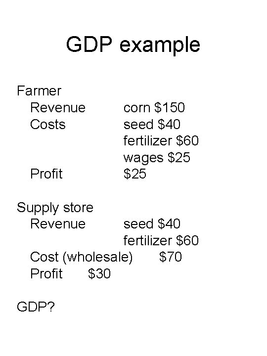 GDP example Farmer Revenue Costs Profit Supply store Revenue corn $150 seed $40 fertilizer