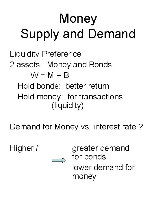 Money Supply and Demand Liquidity Preference 2 assets: Money and Bonds W=M+B Hold bonds: