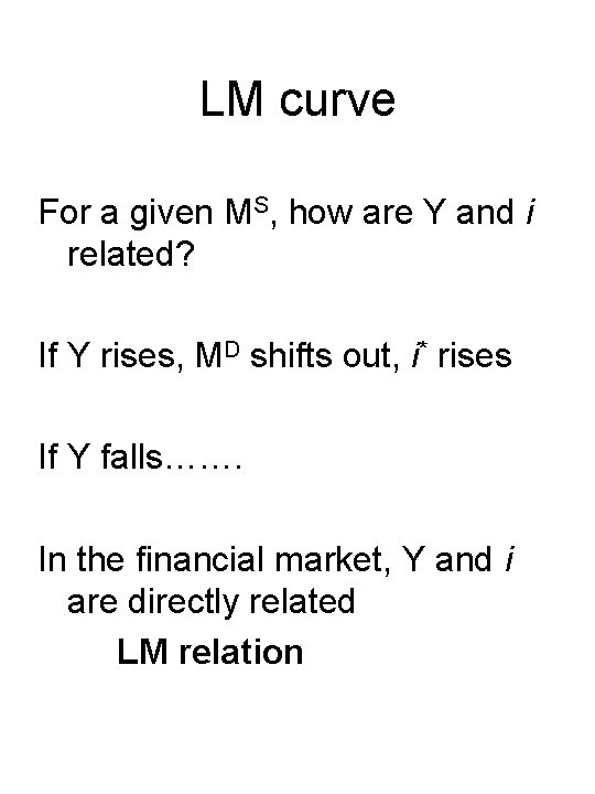 LM curve For a given MS, how are Y and i related? If Y