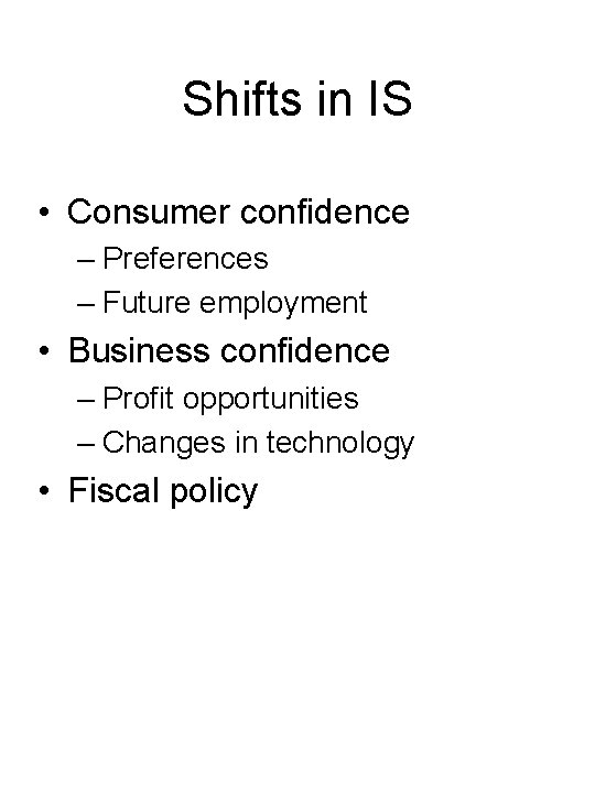 Shifts in IS • Consumer confidence – Preferences – Future employment • Business confidence