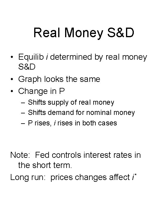 Real Money S&D • Equilib i determined by real money S&D • Graph looks