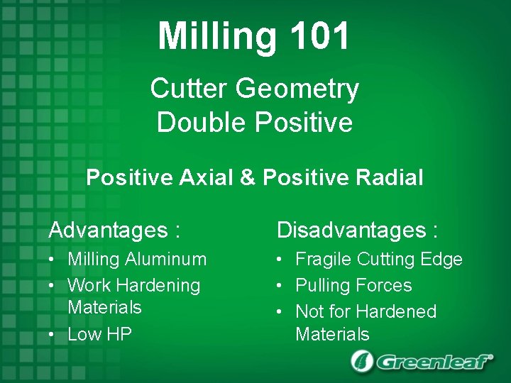 Milling 101 Cutter Geometry Double Positive Axial & Positive Radial Advantages : Disadvantages :