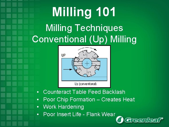 Milling 101 Milling Techniques Conventional (Up) Milling • • Counteract Table Feed Backlash Poor