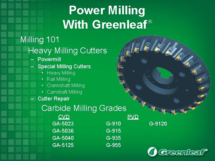 Power Milling With Greenleaf ® Milling 101 Heavy Milling Cutters – Powermill – Special