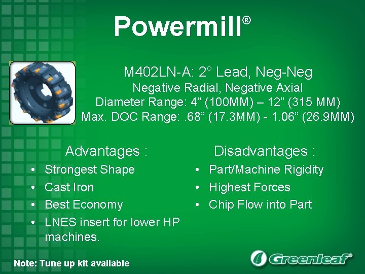 Powermill ® M 402 LN-A: 2° Lead, Neg-Neg Negative Radial, Negative Axial Diameter Range: