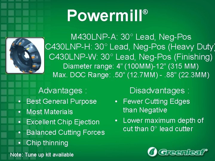 Powermill ® M 430 LNP-A: 30° Lead, Neg-Pos C 430 LNP-H: 30° Lead, Neg-Pos