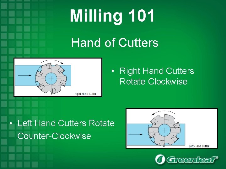 Milling 101 Hand of Cutters • Right Hand Cutters Rotate Clockwise • Left Hand