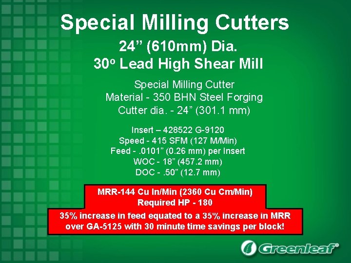 Special Milling Cutters 24” (610 mm) Dia. 30 o Lead High Shear Mill Special