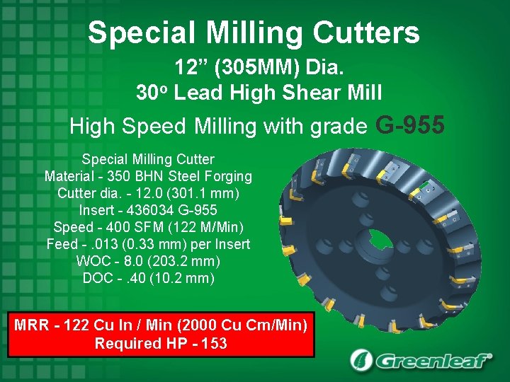 Special Milling Cutters 12” (305 MM) Dia. 30 o Lead High Shear Mill High