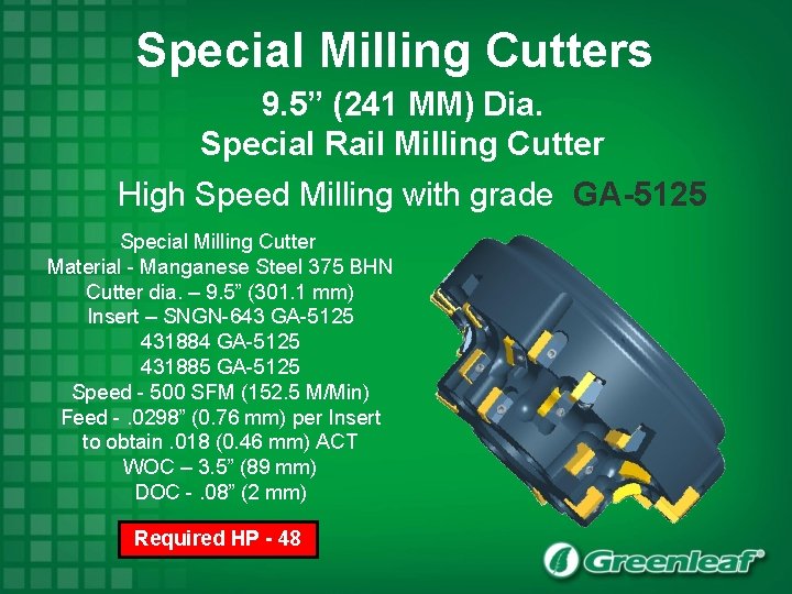 Special Milling Cutters 9. 5” (241 MM) Dia. Special Rail Milling Cutter High Speed
