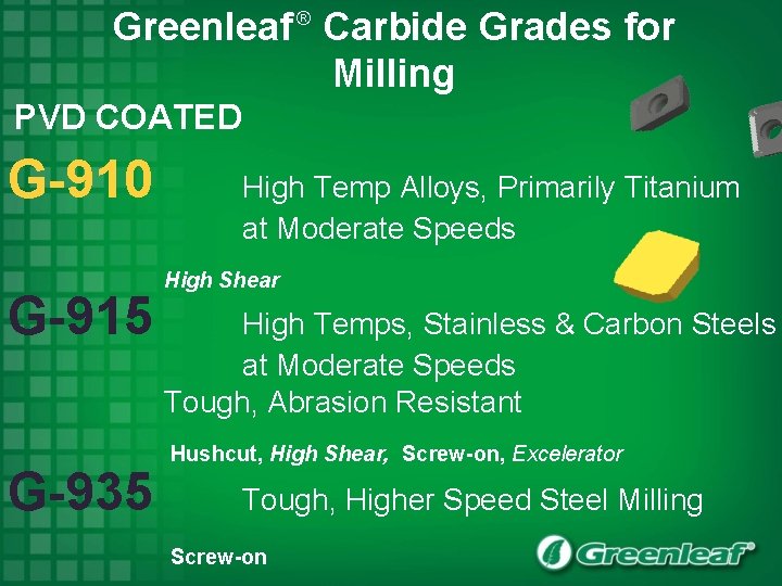 Greenleaf Carbide Grades for Milling ® PVD COATED G-910 G-915 G-935 High Temp Alloys,