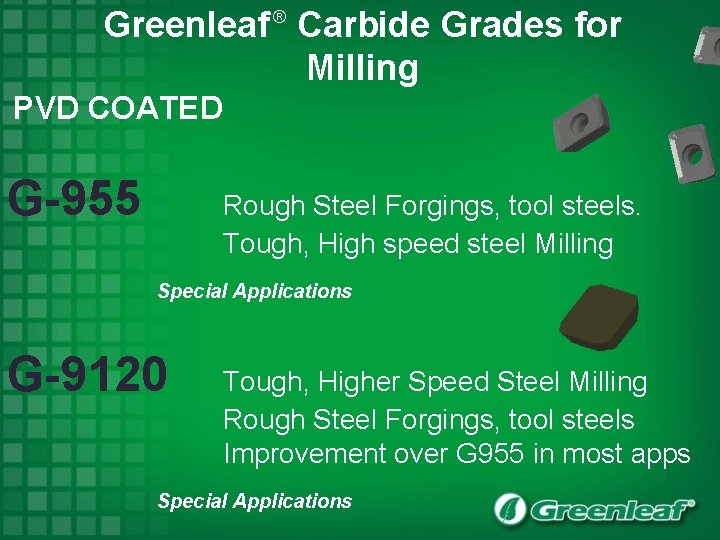 Greenleaf Carbide Grades for Milling ® PVD COATED G-955 Rough Steel Forgings, tool steels.