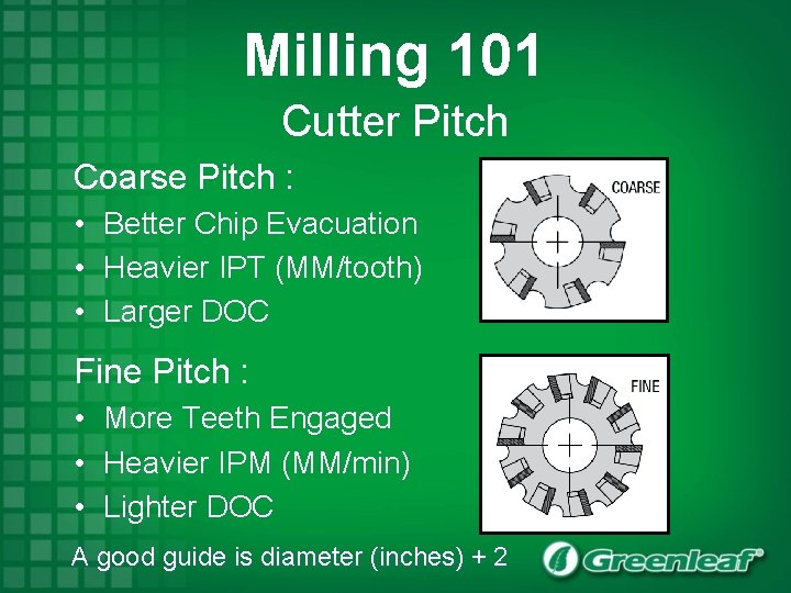 Milling 101 Cutter Pitch Coarse Pitch : • Better Chip Evacuation • Heavier IPT