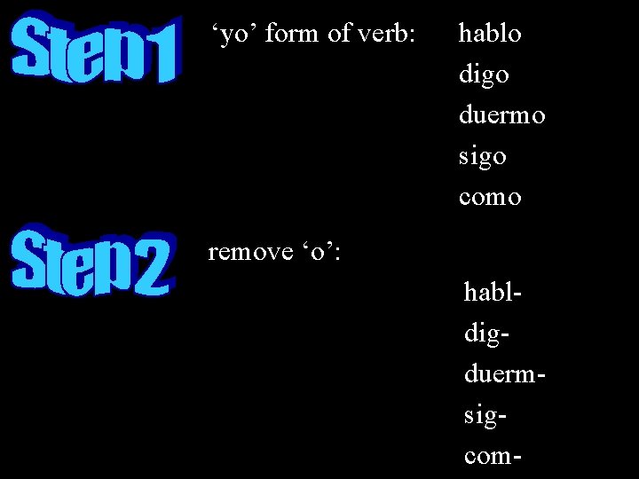 ‘yo’ form of verb: hablo digo duermo sigo como remove ‘o’: habldigduermsigcom- 