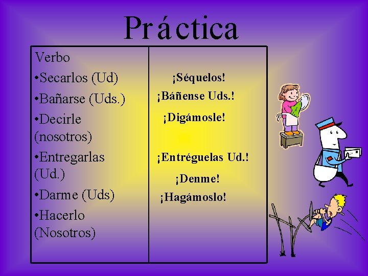 Pr á ctica Verbo • Secarlos (Ud) • Bañarse (Uds. ) • Decirle (nosotros)