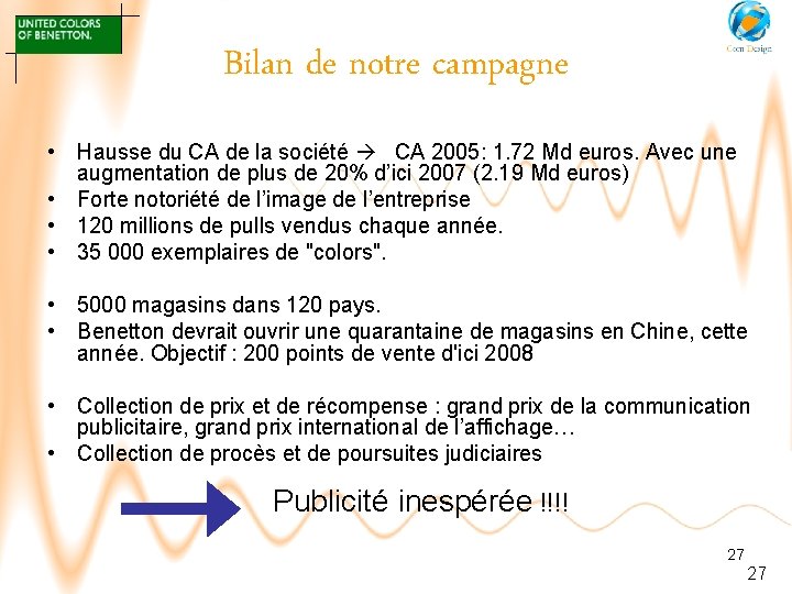 Bilan de notre campagne • Hausse du CA de la société CA 2005: 1.