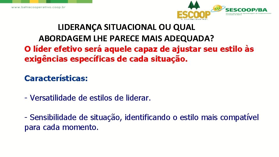 LIDERANÇA SITUACIONAL OU QUAL ABORDAGEM LHE PARECE MAIS ADEQUADA? O líder efetivo será aquele