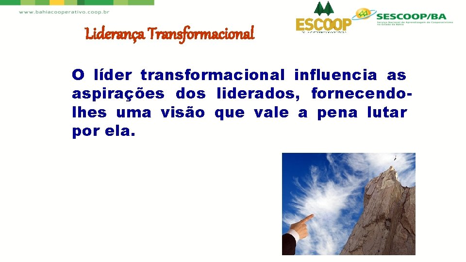 Liderança Transformacional O líder transformacional influencia as aspirações dos liderados, fornecendolhes uma visão que