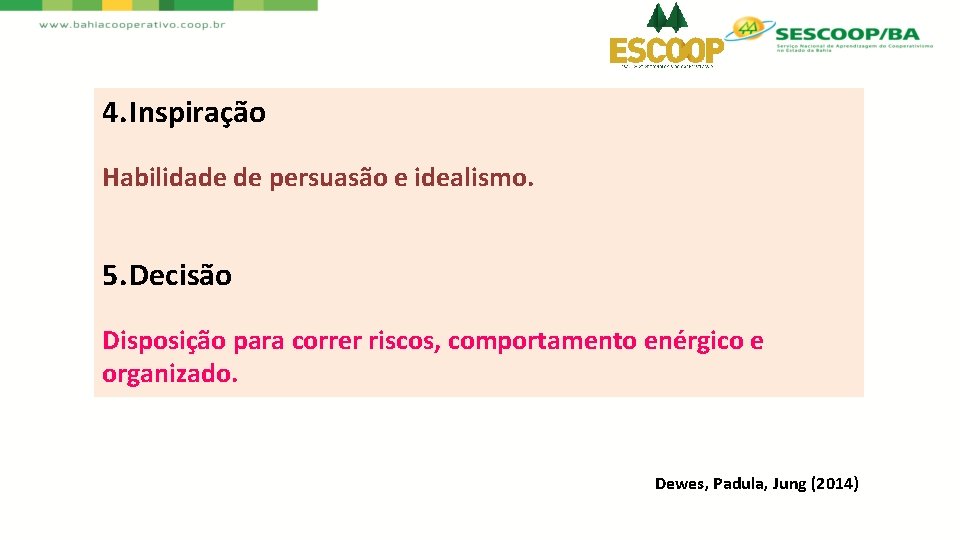 4. Inspiração Habilidade de persuasão e idealismo. 5. Decisão Disposição para correr riscos, comportamento