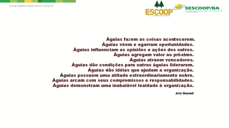 Águias fazem as coisas acontecerem. Águias vêem e agarram oportunidades. Águias influenciam as opiniões