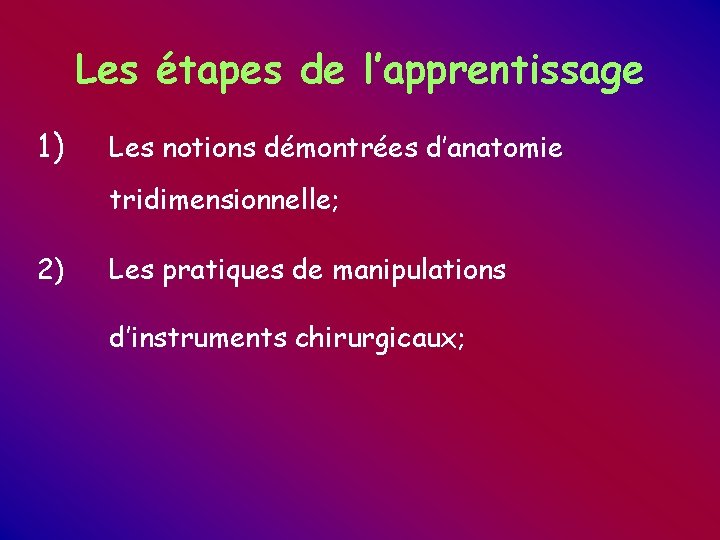 Les étapes de l’apprentissage 1) Les notions démontrées d’anatomie tridimensionnelle; 2) Les pratiques de Les étapes de l’apprentissage 1) Les notions démontrées d’anatomie tridimensionnelle; 2) Les pratiques de