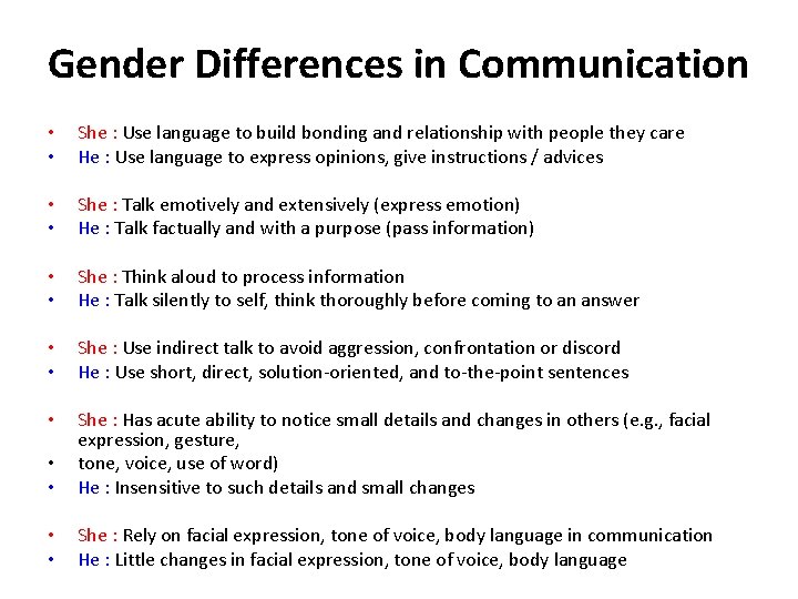 Gender Differences in Communication • • She : Use language to build bonding and Gender Differences in Communication • • She : Use language to build bonding and
